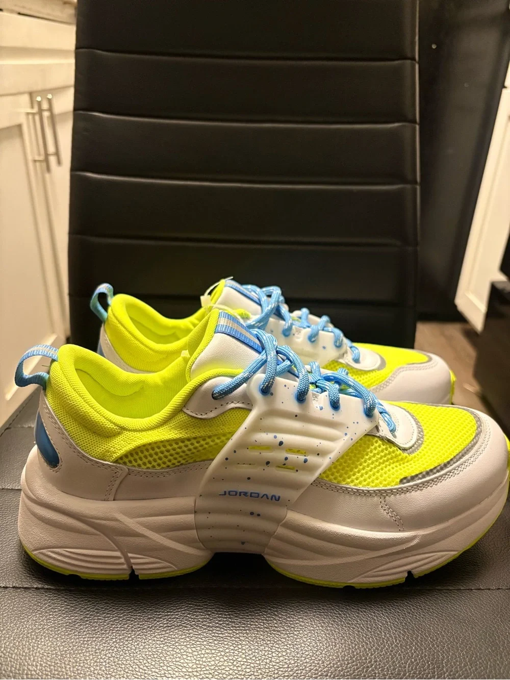 Jordan Kids' Neon Yellow and Blue Athletic Sneakers size 10